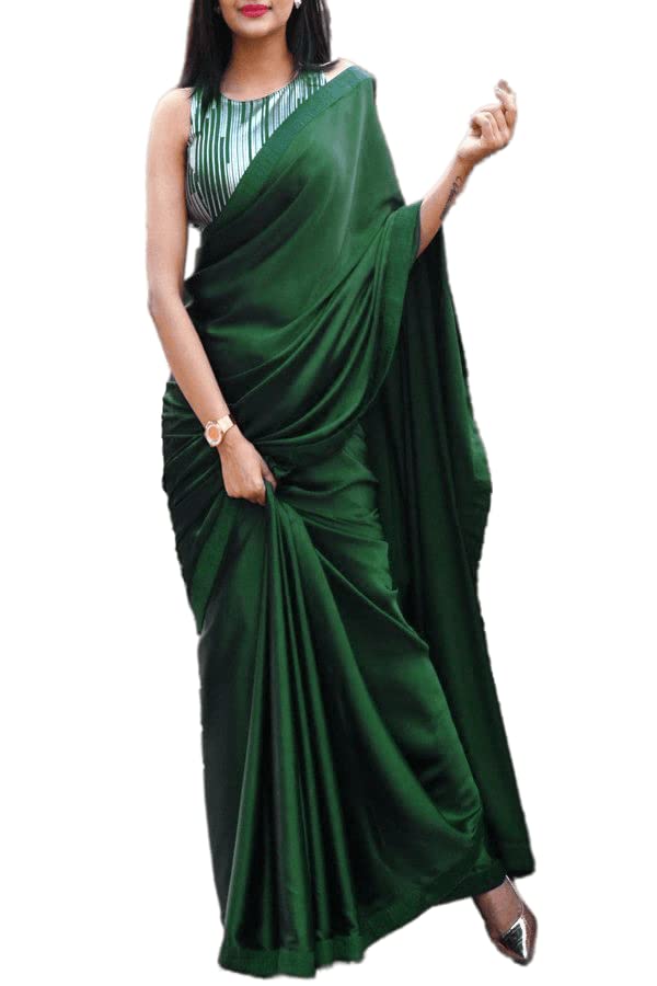 Women's Partywear Satin Silk Saree - Matching Plain Bridesmaid Partywear