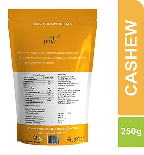 Image of ProV Premium Cashews | High Grade Whole Natural Kaju Rich in Protein Healthy Fats & Essential Minerals | Cholesterol-Free Crunchy Dry Fruit Snack | 250g