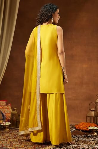 Image of Janasya Women's Chanderi Silk Embellished Straight Kurta with Sharara & Dupatta Set