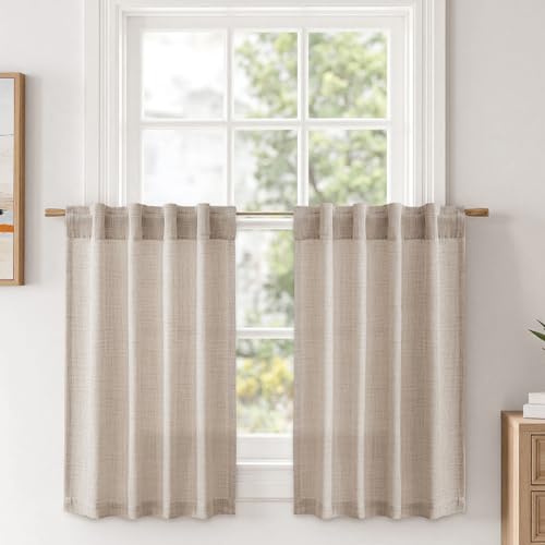 MIULEE Linen Textured Small Kitchen Window Curtains Over Sink, Semi Sheer Farmhouse Cafe Curtain 36 Inch Long Short Back Tab Half Window Curtains for Bathroom Basement 2 Panels