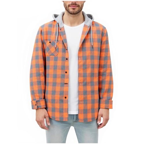 Mens Flannel Hoodies Button Down Plaid Shirt Jacket Warm Long Sleeve Shirts Lightweight Sweatshirt with Pocket