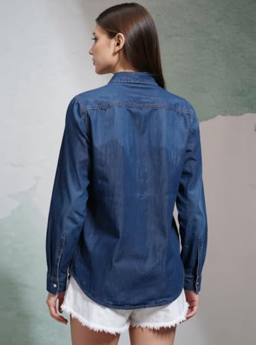 Image of Women's Denim Shirt Full Sleeve Regular Fit Collared Neck Solid Blue Button Down Casual Stylish Girls Western Shirt