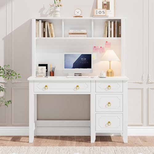 MaverickFurni White Desk with Hutch 47 White and Gold Desk with 4 Drawers Modern Girl Desk for Bedroom Golden Handles