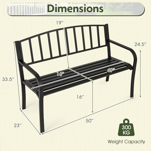 Image of Giantex Metal Outdoor Bench, Patio Garden Bench with Backrest, Curved Armrests, Slatted Seat for 2-3 Persons, 660 LBS, Heavy-Duty Outside Seating Loveseat for Yard, Porch, Park, Black