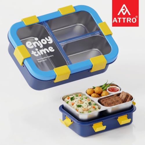 Image of ATTRO JoyBox Steel Lunch Box, 3 Compartment, Stainless Steel Inner Tray, Leakproof Airtight Lid, 4-Side Locks, BPA-Free Food Grade Lunch Box for Kids, School & Office - Blue-750ml