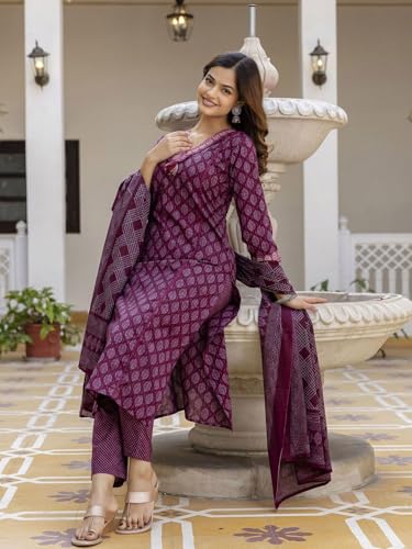 Image of PARTHVI|Women's Pure Cotton Printed with Handwork Kurta with Pants and Dupatta Set | Ethnic Set | Suit Set | Kurta Set | Wedding Suit Set