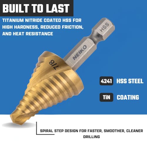 Image of NEIKO 10621A Step Drill Bit, 1 Step 7 /8 inch Spiral High Speed Steel, Titanium Nitride Coated, 1 /4 inch Quick Change Step Bits for Steel, Metal, Wood, Plastic, Unibit Cone Drill Bits, Two Flute