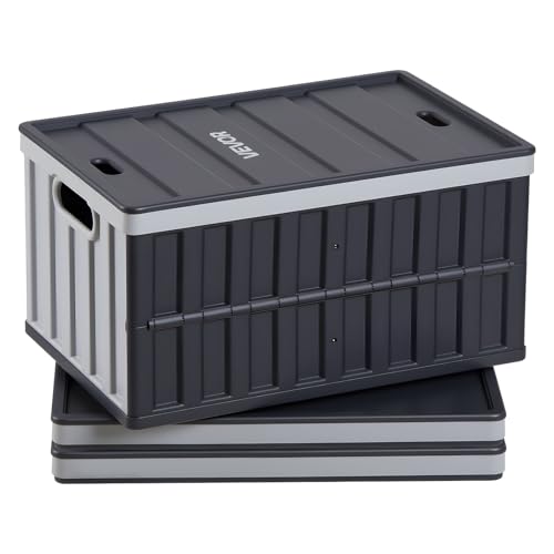 VEVOR Cajas de Almacenaje Plegables de Plástico 65 L, 3 Unidades, Contenedores de Almacenaje con Tapa Apilable, Asas, Ahorra Espacio, Soporta 38 kg para Camping Organización Hogar Coche, Gris Oscuro