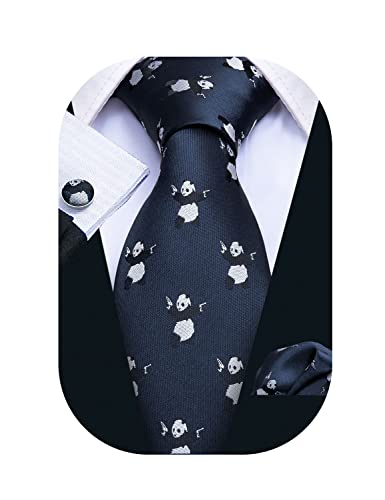 Image of Barry.Wang Fun Animal Ties for Men Designer Handkerchief Cufflink WOVEN Casual Necktie Set Festival