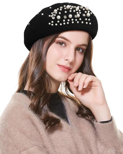 Classic French Wool Beret with Pearl & Rhinestone Embellishments Beanie Cap Style Hat for Women and Girls (US Alpha One Size Black)