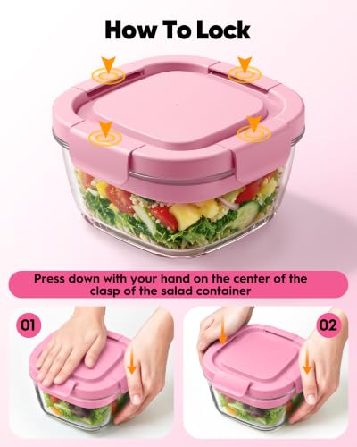 Image of Glass Salad Container,56oz Salad Bowl To Go for Lunch with Airtight Lid,Leak-Proof Sauce Container,4-Compartment Bento Tray & Reusable Fork - BPA-Free Glass Lunch Box for Meal Prep,Office（Pink）