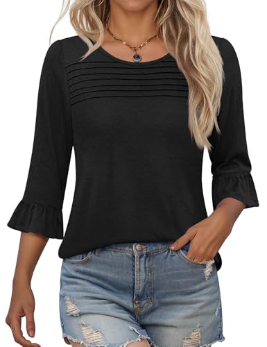 Kistore 3/4 Arm Shirt Damen Frühling Elegant Tunika Tops Business Lässige Rundhals Rüschenärmel Oberteile für Frauen Schwarz L