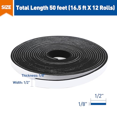 Image of MAGZO Door Weather Stripping, 1 /2 Inch W X 1 /8 Inch T X 198 Ft Total Weatherstripping Foam Tape Soudproof for Windows 16.5 ft X 12 Rolls, Black