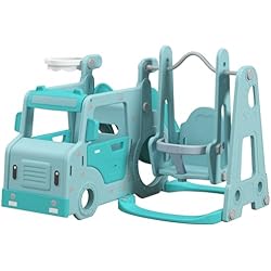 Tobogan Bebé Jardin AIYAPLAY Juego de Tobogán y Columpio para Niños 6 en 1 Columpio Infantil de 18-48 Meses Tobogán para Bebés con Trompeta Silla y Baloncesto Carga 50 kg 201x151x87,5 cm Azul Claro