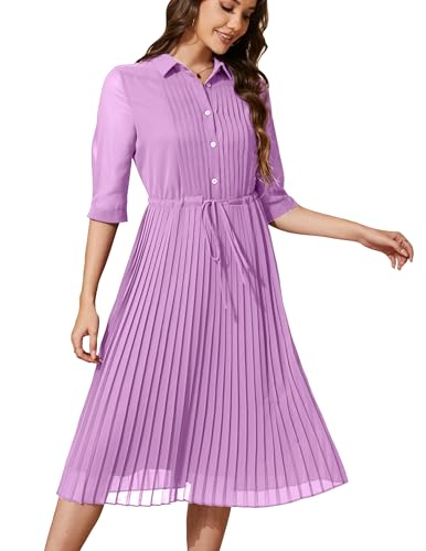 Image of Women V Neck 3 /4 Sleeve Pleated A-Line Dress with Belt Swing Midi Dresses for Spring Summer Autumn