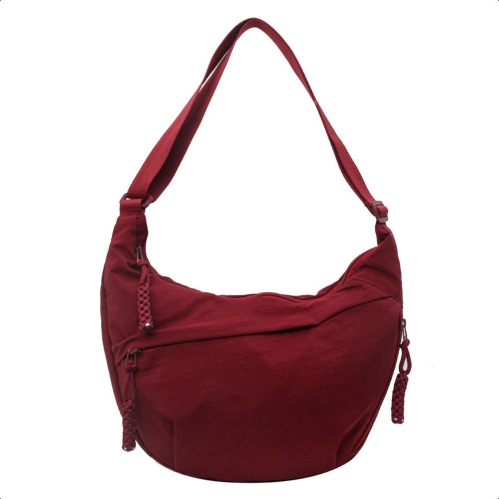 HEVANCIE Half Moon Shoulder Bag Nylon Large Crossbody Bag Slouchy Bag Hobo Bag Bum Bag Crossbag Women's Shoulder Bags (Wine red)