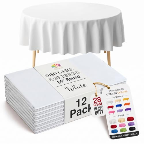 12-Pack Premium Plastic Tablecloth 84in. Round Table Cover - White