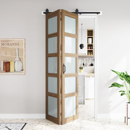 Image of FREDBECK 48X96(Double 24x96) Bifold Frosted Glass Barn Doors Brown