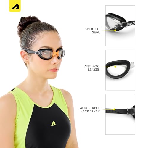 Image of Boldfit Swimming Goggles for Men & Women with Adjustable Strap Anti Fog Goggles for Swimming Men Swimming Goggles for Women Air Tight Swim Goggles UV Protection Training Swim Goggles - BlackOrange