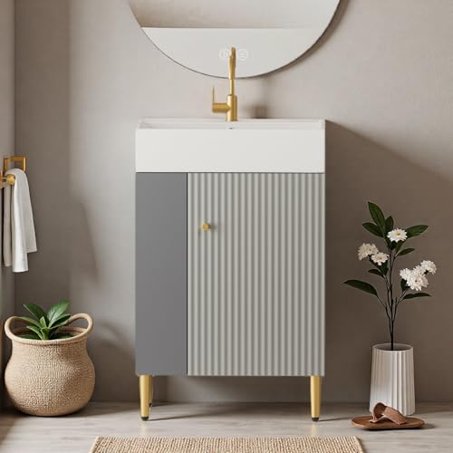 Image of 21.6 inch Freestanding Bathroom Vanity with Ceramic Sink, Matte Gray | Ceramic Sink, Wave-Pattern Door & Two-Layer Left Open Compartment, Bathroom Storage Cabinet, Easy Installation