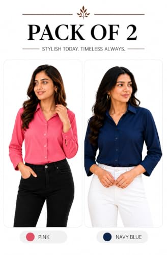 Image of FUNDAY FASHION Women Solid Regular Fit V Collered Casual Shirt (Pack of 2)