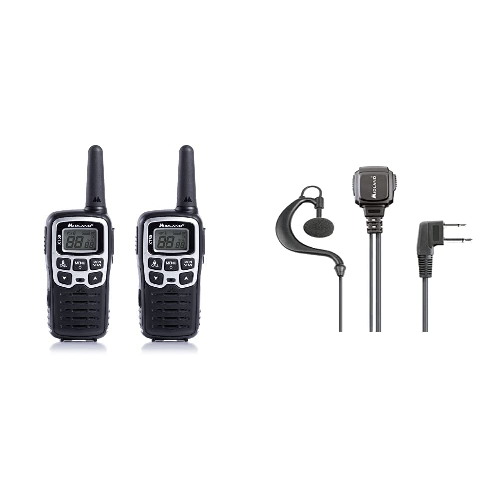 Midland XT50, Radio Walkie Talkie a Ricarica Rapida, 24 canali PMR446 senza licenza, 8 km di Portata, 38 Toni CTCSS & Microfono, MA21-L PRO con cavo spiralato