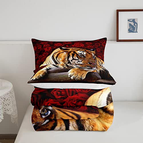 Red Rose Tiger Bedding Set,Cat Tiger Print Comforter Set,Romantic Flowers Down Comforter,Safari Animal Theme Bedroom Decor For Teens Boys Girls Women,Queen Lightweight Reversible With 2 Pillow Sham #TOP2
