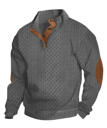 Mens Sweater with Elbow Patches, Men's Cable Knit Pullover Sweater Casual Long Sleeve Stand Collar Button Sweaters