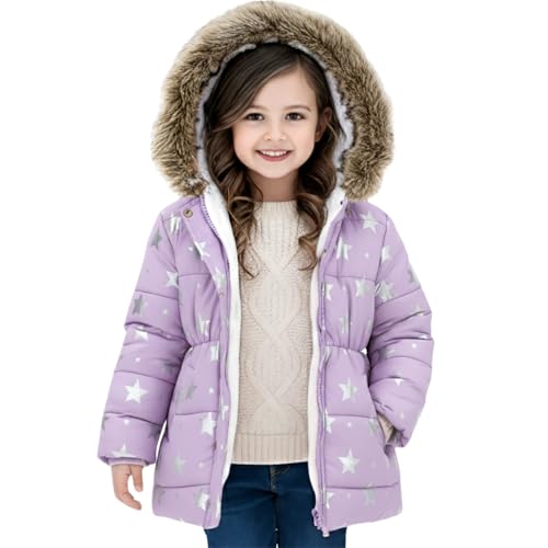 IFFEI Girls Winter Coat Jacket Fur Hooded Long Puffer Jacket Flower Print Warm Outdoor Coats for Kids Purple 8-9 Years