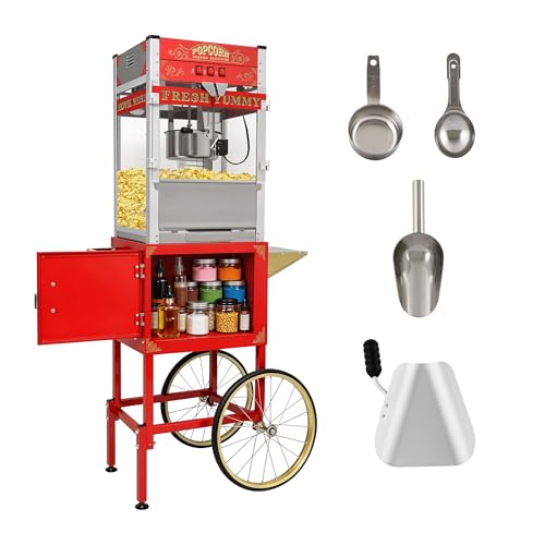 Image of 20 Oz Commercial Popcorn Machine with Cart (Red) - High Volume Popcorn Maker - Vintage Movie Theater Style Popper with Storage, Stainless Steel Serving Supplies for Business Use