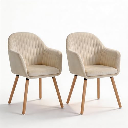 WOLTU 2X Sillas de Comedor Nordicas Estilo Vintage, Tapizadas con Reposabrazos en Terciopelo, Estructura de Madera Crema