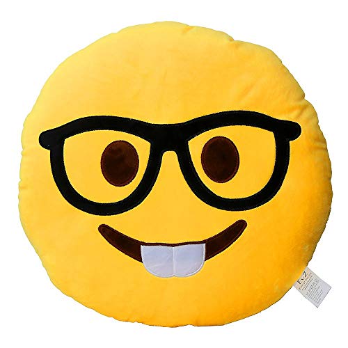 EvZ Official Certified Glasses Boy Emoji Pillow - 32cm Large Soft Plush Smiley Face Geek Emoticon Cushion - Cute Decorative Stuffed Toy for Students School Gift Home & Office Decor (Yellow)