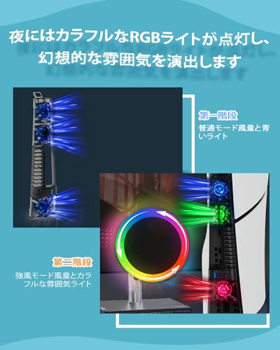 2023新型 PS5 Slim用冷却ファン 新型PS5 Slim用アクセサリー PS5 Slim本体用放熱 2段階風速調整 RGBカラフルな照明モード 雰囲気作り USBポート付 ディスク/デジタル版の両対応 新型ps5 Slim周辺機器用