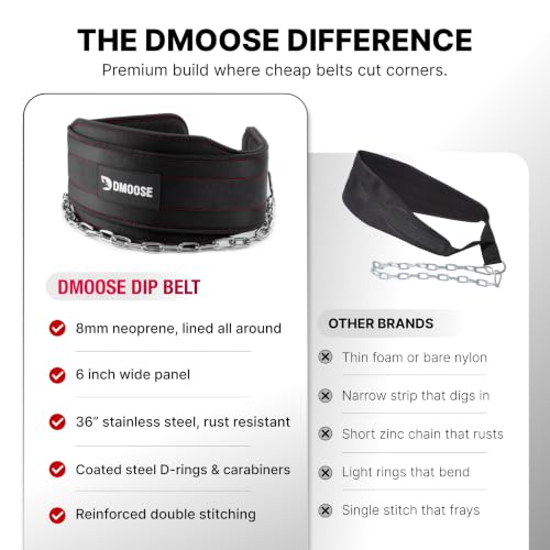 DMoose Fitness Dip Belt for Weight Lifting, Pullup, Squats & Dips - 36" Robust Steel Chain, Comfortable Neoprene Padding Supports 350lbs - Gym Weight Belt for Strength Training Workout & Weightlifting