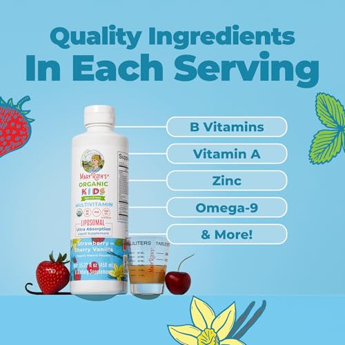 Image of MARYRUTH'S Organic Kids Multivitamin Liposomal | Sugar Free Multivitamin for Kids | Immune Support | Bone Health | Cognitive Health | Overall Wellness | USDA Organic | Vegan | Non-GMO | 15.22 oz