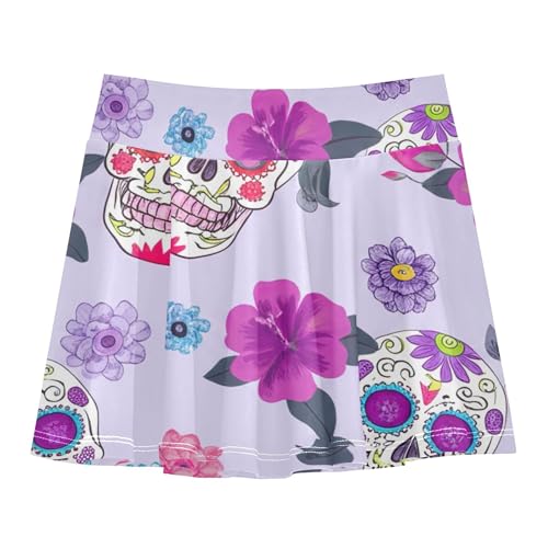 Kids Tennis Skirts Colorful Sugar Skull Floral Purple Girls Skorts Athletic Shorts Neon Flowy Skort 4t