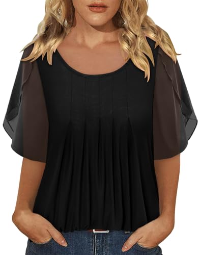 onlypuff Womens Double Layered Tunic Tops Half Sleeve Floral Double Layered Sheer Flowy Blouse Round/V Neck Casual Shirts