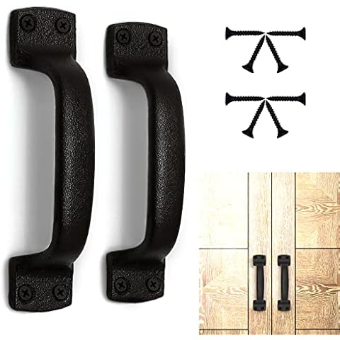 Keponbee Rustic Barn Door Handles Black Cast Iron Gate Handle Vintage Metal Solid Heavy Duty Sliding Door Handle Fence Cabinet Pull Grab Handle, Set of 2, 7 Inch Cover