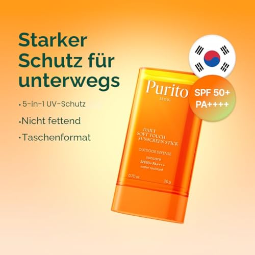 Purito Seoul Daily Soft Touch Sonnenschutz-Stick, LSF50+, PA++++++, 5-in-1-Verteidigung, UVA- und UVB-Schutz, nicht fettend, leicht, tragbar, koreanische Hautpflege, hypoallergen, 20 g 2