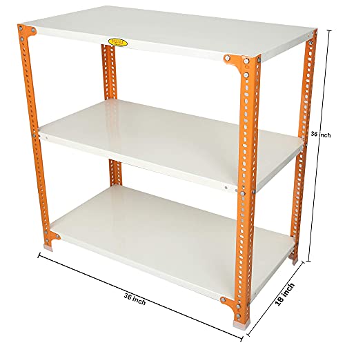 Image of Mil-Nil Prime CRC Sheet 3 Shelf Multipurpose Slotted Angle Rack, 36 x 36 x 18 Inch, 18 Gauge [(Orange-Ivory) Powder Coating] 14 Gauge Angles