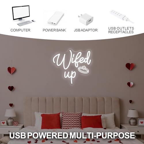 Image of Wifed Up Neon Sign, Funny Romantic LED Light with Engraving Ring for Valentine's Day, Wedding Decor Sign, Bedroom, Party Decor, Couple Space 11.8″ x 10.6″