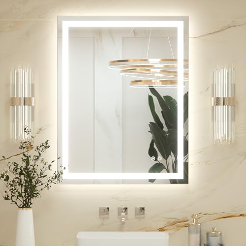 Keonjinn Specchio da bagno 70x90cm con luci LED, specchio da trucco antiappannamento posteriore e frontale illuminato a 3 colori, dimmerabile, da parete, rettangolare