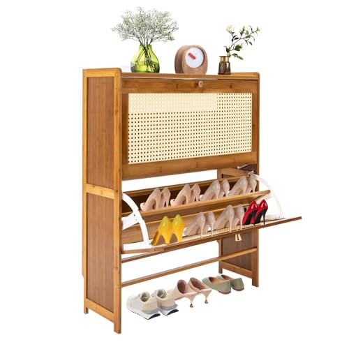 DUTTIETY Natural Rattan Shoe Cabinet, Shoe Cabinet with 2 Flip Drawers, Free Standing Shoe Racks, Shoe Cabinet for Entryway Hallway Closet Bedroom (Tea Color, 27.5 * 9.4 * 34.2in)