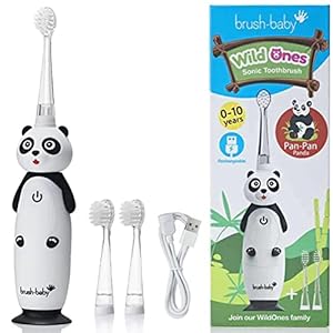 Brush-Baby BRB228 WildOnes Elektrische oplaadbare tandenborstel voor kinderen, 1 handvat, 3 borstelkoppen, USB-oplaadkabel, voor leeftijd 0-10 (panda),3-teiliges Set