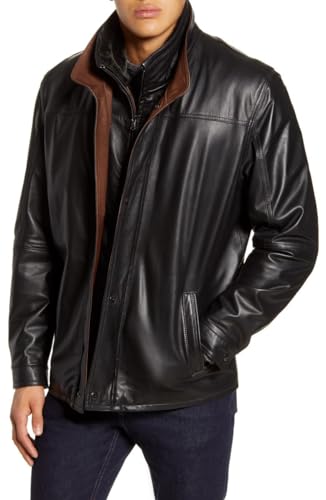 Men's Black Leather Bomber Jacket with Brown Collar, Zipper Closure, and Button Detailing.2