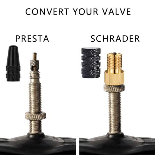 Image of Brass Presta Valve Adaptor, Convert Presta to Schrader Adaptor for Bike, e-Bikes, and e-Scooters,Inflate Tire Using Standard Pump or Air Compressor (Pack of 4 + 8 Caps, with Rubber Seal Rings)