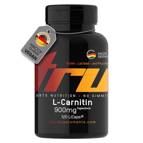 L-Carnitin Kapseln - 120 Stück - schluckfreundlich - Hochdosiert - 900mg pro Tagesdosis - ideal für Sportler - TRU Sports Nutrition - 100% Vegan | Herstellung & Laborprüfung in Deutschland
