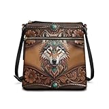 Sannovo Tribal Wolf Print Leather Crossbody Hobo Bag Satchel Purse Flolral Print Shoulder Purse with Adjustable Strap, Cross Body Purses Sling Totes for Travel, Brown