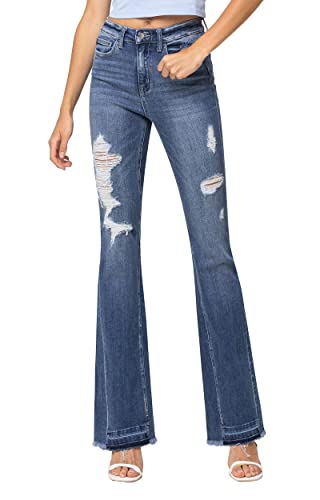 Flying Monkey, High Rise Distressed Insert Panel Released Hem Flare Jean, Dark Blue