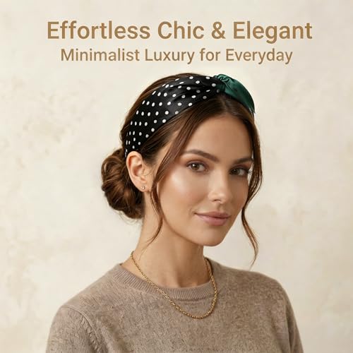 Image of ZLYC Mulberry Silk Headband for Women's Hair, Polka Dots and Dark Green | smooth luxury real silk, stretch elastic no slip fit, makeup spa skincare use, travel daily wear,boho fashion hair accessory